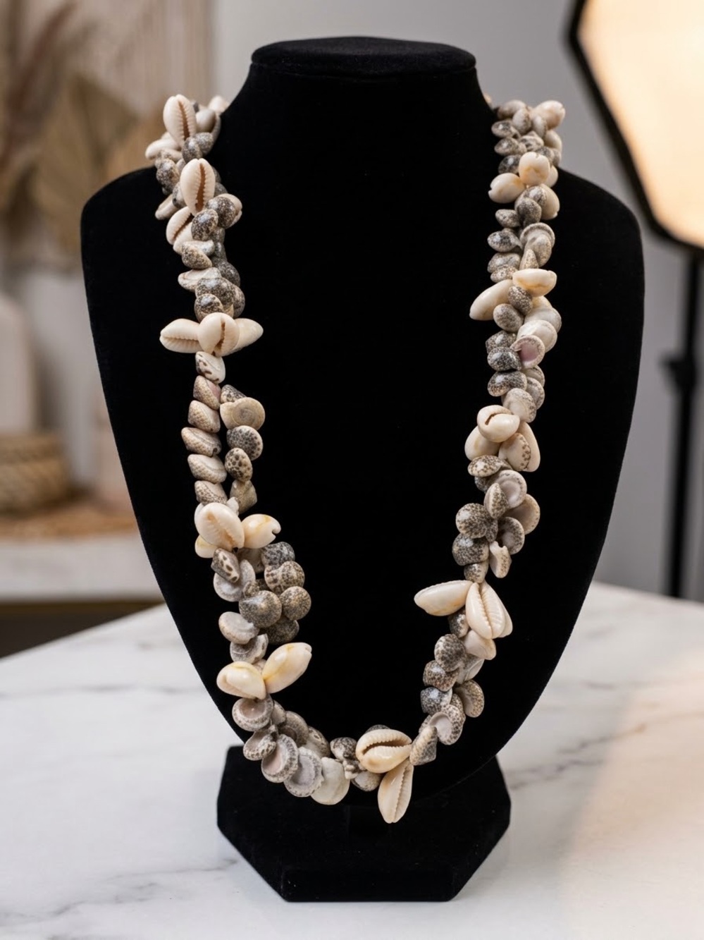 Vintage Hawaiian Shell Lei Necklace Long Mixed Cowrie Snail Shell Statement 30”